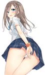  ass azuuru back blue_eyes blush breasts brown_hair hair_ornament hairclip long_hair looking_at_viewer md5_mismatch open_mouth original panties school_uniform simple_background small_breasts solo sweatdrop underwear uniform white_background white_panties 