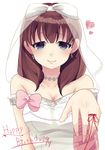  bare_shoulders blue_eyes bow breasts bridal_veil brown_hair cleavage dress idolmaster idolmaster_cinderella_girls looking_at_viewer medium_breasts red_string sakuma_mayu short_hair simple_background smile solo strapless strapless_dress string veil wedding_dress white_dress yahagi_(yui1251) 