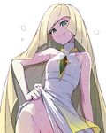  bare_arms blonde_hair bottomless closed_mouth collarbone covered_nipples crystal dress empty_eyes flat_chest green_eyes groin hand_on_hip long_hair looking_at_viewer looking_down lusamine_(pokemon) no_panties pokemon pokemon_(game) pokemon_sm pubic_hair sleeveless smile solo sweat very_long_hair waero wet white_background white_dress 