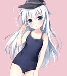  1girl alternate_costume anchor_symbol ass_visible_through_thighs bare_arms bare_shoulders black_hat blue_eyes blue_hair blue_swimsuit chiyingzai collarbone contrapposto covered_navel cowboy_shot eyebrows eyebrows_visible_through_hair flat_cap flat_chest hand_gesture hat hibiki_(kantai_collection) kantai_collection long_hair looking_at_viewer one-piece_swimsuit pink_background roman_numerals school_swimsuit simple_background solo standing swimsuit v very_long_hair 