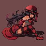  bare_shoulders black_hair boots borokuro brown_eyes cape elbow_gloves fingerless_gloves full_body gen_5_pokemon gloves goggles goggles_on_headwear hat highres krookodile long_hair looking_at_viewer midriff open_mouth personification pokemon red_cape red_footwear red_gloves red_hat red_legwear shadow sitting solo striped striped_legwear thighhighs 