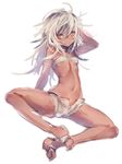  barefoot dark_skin flat_chest full_body guilty_gear guilty_gear_xrd navel one_eye_closed oro_(sumakaita) ramlethal_valentine short_hair shorts solo spread_legs white_background white_hair yellow_eyes 