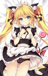  ahoge andrea_doria_(zhan_jian_shao_nyu) animal_ears ass_visible_through_thighs black_panties blonde_hair blush bow bow_panties breasts candy cat_ears cat_tail food jianren lollipop long_hair looking_at_viewer maid maid_headdress panties small_breasts solo tail thighhighs twintails underwear very_long_hair zhan_jian_shao_nyu 
