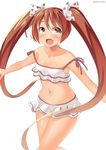  bad_id bad_pixiv_id bikini brown_eyes brown_hair collarbone fang frilled_bikini frilled_skirt frills kankitsunabe_(citrus) kantai_collection libeccio_(kantai_collection) long_hair open_mouth outstretched_arms skirt smile solo swimsuit twintails 