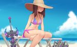  arm_support barefoot beach beach_chair bikini blush breasts brown_hair chair cleavage cloud covered_eyes crossed_legs day hat kuroonehalf lounge_chair medium_breasts navel nemesis_(smite) ocean outdoors sarong scales shiny shiny_skin sitting sky smile smite solo summer sun_hat swimsuit sword water weapon 