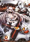  absurdres breasts cleavage cup dress enemy_aircraft_(kantai_collection) highres horns kantai_collection large_breasts long_hair midway_hime nigel.k orange_eyes solo sugar_cube tea teacup very_long_hair white_hair 