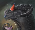  cakes curved_horn day dragon feral food hat horn outside party_hat purple_eyes ridged_horn solo teeth themefinland 