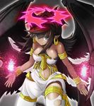  1girl armlet bare_shoulders bracelet breasts choker darklord_ixtab demon_girl demon_wings dress duel_monster earrings erect_nipples fang full_body gluteal_fold halo head_wings highres jewelry long_hair looking_at_viewer multicolored_dress multiple_wings navel open_mouth pointy_ears purple_eyes purple_hair shoes short_dress smile solo stomach thighhighs torn_clothes torn_thighhighs white_background white_legwear wings yellow_shoes yu-gi-oh! yu-gi-oh!jewelry 