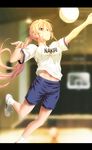  absurdres arms_up belly_peek blonde_hair blue_shorts blurry blurry_background bouncing_breasts breasts character_name gym gym_uniform hair_between_eyes highres indoors jumping junaid kneehighs letterboxed long_hair medium_breasts nakiri_erina name_tag navel outstretched_arm parted_lips pink_eyes ponytail ribbon shoe_ribbon shoes shokugeki_no_souma short_sleeves shorts sneakers solo stomach teeth tsurime very_long_hair volleyball white_footwear white_ribbon 