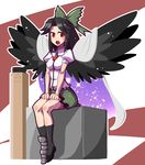  arm_cannon black_hair black_legwear black_wings breasts cape dress_shirt green_skirt legs_together long_hair maru-sun medium_breasts miniskirt mismatched_footwear open_mouth puffy_short_sleeves puffy_sleeves red_eyes reiuji_utsuho shirt short_sleeves sitting skirt solo touhou weapon wings 