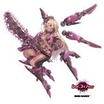  absurdres blonde_hair breasts chainsaw cleavage dark_skin deluxe&lt;&lt;&lt; highres long_hair purple_eyes red_corruption revealing_clothes simple_background small_breasts solo weapon 
