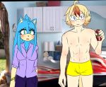  blonde_hair blue_eyes blue_hair blush boxers_(clothing) clothing eulipotyphlan green_eyes hair hedgehog invalid_background looking_at_viewer mammal monkey old_spice pants primate rik_the_spider_monkey shirt spider_monkey 