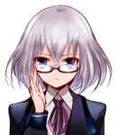  adjusting_eyewear bespectacled blue-framed_eyewear glasses honebami_toushirou male_focus purple_eyes semi-rimless_eyewear silver_hair solo touken_ranbu under-rim_eyewear upper_body yukimi_mochi_(gurasia89) 