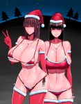  2girls absurdres bikini black_hair braid breasts christmas cleavage gloves gluteal_fold groin hat highres jewelry large_breasts long_hair looking_at_viewer multiple_girls navel necklace original red_bikini red_eyes red_gloves red_legwear santa_hat sweat swimsuit thigh_gap thighhighs v wolffeld 