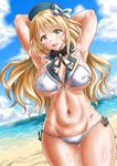  :d armpits arms_behind_head arms_up atago_(kantai_collection) beach bikini blonde_hair blue_sky breasts cloud cloudy_sky covered_nipples day green_eyes kantai_collection kasugano_tobari large_breasts long_hair looking_at_viewer navel ocean open_mouth outdoors sand sky smile solo sweat swimsuit white_bikini 