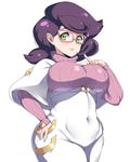  big_hair blush breasts covered_navel covered_nipples glasses green_eyes hand_on_hip highres large_breasts long_hair long_sleeves moisture_(chichi) nail_polish parted_lips pink-framed_eyewear pink_nails pokemon pokemon_(game) pokemon_sm purple_hair ribbed_sweater simple_background solo sparkle sweater turtleneck turtleneck_sweater white_background wicke_(pokemon) 
