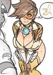  1girl :p adapted_costume banana bomber_jacket breast_squeeze breasts brown_hair food fruit goggles hair_over_one_eye hands_on_own_knees highres jacket large_breasts leaning_forward maniacpaint naughty_face overwatch phallic_symbol short_hair sketch solo_focus sweat teasing tongue tongue_out tracer_(overwatch) winston_(overwatch) 