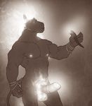  2016 5_fingers abs anthro balls biceps bracelet broken_horn digital_media_(artwork) equine erection fire forge_(artist) hi_res horn jewelry male mammal medial_ring monochrome muscular muscular_male nipples nude pecs penis retracted_foreskin simple_background solo standing story_at_source tail_ring uncut unicorn 