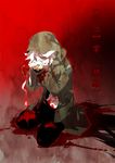  bandages blood closed_eyes danganronpa enoshima_junko hood hooded_jacket jacket kneeling komaeda_nagito kouen severed_hand silver_hair super_danganronpa_2 translated 