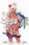  ahoge ass_visible_through_thighs bikini contrapposto dark_skin dragon flower granblue_fantasy hair_between_eyes hair_flower hair_ornament hand_on_own_chest hibiscus highleg highleg_bikini highres hitaki_yuu long_hair navel off_shoulder pleated_skirt red_eyes side-tie_bikini silver_hair skirt skirt_pull smile solo standing string_bikini swimsuit very_long_hair wading white_bikini zooey_(granblue_fantasy) 