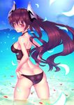  adjusting_clothes adjusting_panties angry ass bikini butt_crack choker cloud day dimples_of_venus draph forte_(shingeki_no_bahamut) from_behind granblue_fantasy island long_hair looking_back panties parted_lips petals purple_eyes purple_hair ryuinu shingeki_no_bahamut shoulder_blades sky solo swimsuit underwear wading water 