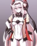  &gt;:( air_defense_hime ass_visible_through_thighs black_gloves black_ribbon blush breasts cleavage closed_mouth commentary_request cowboy_shot dress frown gloves grey_background hair_ribbon hairband hand_on_hip headgear highres kantai_collection large_breasts long_hair looking_at_viewer midriff navel open_clothes open_dress pale_skin quatre_aaaa red_eyes ribbon sailor_collar shinkaisei-kan short_dress short_sleeves solo stomach v-shaped_eyebrows white_hair white_skin 
