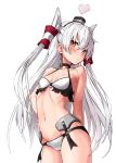  1girl amatsukaze_(kantai_collection) bikini black_bikini blush breasts brown_hair cowboy_shot eyebrows_visible_through_hair groin hair_between_eyes hair_tubes highres kantai_collection long_hair navel o-ring o-ring_bikini silver_hair simple_background small_breasts solo swimsuit takanashi_kei_(hitsujikan) two_side_up white_background windsock 