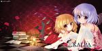  absurdres album_cover arm_support arms_between_legs bad_id bad_pixiv_id bare_shoulders bat_wings black_legwear blonde_hair blue_hair book book_stack checkered checkered_floor cover dress flandre_scarlet french_maid garter_straps highres lantern legs looking_at_viewer lying multiple_girls no_hat no_headwear on_stomach petals pink_dress purple_eyes red_dress red_eyes remilia_scarlet siblings sisters sitting smile thighhighs touhou white_legwear wings 