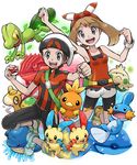  1girl arm_up bag bike_shorts bike_shorts_under_shorts black_eyes bracelet brown_hair clenched_hand fanny_pack gen_3_pokemon groudon hair_ribbon haruka_(pokemon) holding holding_poke_ball jacket jewelry kyogre looking_at_viewer minun mudkip numel open_mouth plusle poke_ball poke_ball_(generic) pokemoa pokemon pokemon_(creature) pokemon_(game) pokemon_oras ribbon shirt shoes short_hair short_shorts shorts shoulder_bag shroomish sleeveless sleeveless_shirt sneakers torchic treecko two_side_up wailmer yuuki_(pokemon) 