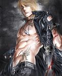  belt blonde_hair blood blue_eyes chains cross cross_necklace fantasy forest gloves gothic gothic_outfit injury jacket jewelry kazuo-sama leaf male nature necklace night nipple original outdoors pants scratch shirtless shirtless_(male) short_hair skull strong sword tattoo togainu torture tree weapon 