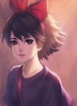  bow brown_eyes brown_hair hair_between_eyes hair_bow hairband highres kiki light majo_no_takkyuubin nguyen_uy_vu red_bow short_hair solo strap studio_ghibli 