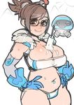  :q adapted_costume bandeau between_breasts black-framed_eyewear breasts brown_eyes brown_hair cleavage detached_sleeves food glasses gloves hair_bun hair_ornament hair_stick hands_on_hips highres large_breasts maniacpaint mei_(overwatch) navel_piercing overwatch panties phallic_symbol piercing plump popsicle robot sexually_suggestive short_hair sketch snowball_(overwatch) solo strapless thick_thighs thighs tongue tongue_out underwear white_panties 