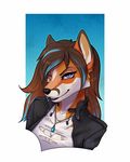  2016 anthro black_lips black_nose blue_eyes brown_hair canine clothed clothing detailed eyelashes female fox fur hair jewelry mammal necklace orange_fur simple_background smile solo wyla 
