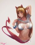  animal_ears arms_up bangs blonde_hair bracelet breasts breasts_apart covered_nipples dungeon_and_fighter female_gunner_(dungeon_and_fighter) halter_top halterneck hand_in_hair head_tilt highres jagercoke jewelry large_breasts lifted_by_self lips long_hair navel nose one_eye_closed parted_lips pink_eyes shiny shirt shirt_lift short_sleeves silver_bikini simple_background solo swept_bangs upper_body 