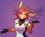  armor aycee clothed clothing female fur green_nose hair heterochromia orange_fur overwatch pose red_hair solo unknown_species video_games 