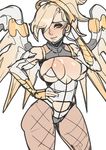  adapted_costume blonde_hair blue_eyes blush breasts elbow_gloves gloves grey_eyes hand_on_hip highres large_breasts leotard long_hair maniacpaint mechanical_halo mechanical_wings mercy_(overwatch) micro_bikini_top overwatch pantyhose ponytail sketch solo underboob wings 