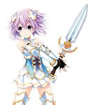  armor armored_boots boots breastplate fingerless_gloves four_goddesses_online:_cyber_dimension_neptune gauntlets gloves hair_ornament holding holding_weapon looking_away neptune_(choujigen_game_neptune) neptune_(series) official_art pleated_skirt purple_eyes purple_hair short_hair simple_background skirt smile solo sword thighhighs tsunako weapon white_background 