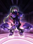  1girl abs adapted_costume blonde_hair breasts doll erect_nipples fishnet_gloves heart-shaped_pupils large_breasts long_hair marupon metroid navel ponytail saliva samus_aran squatting tongue_out zero_suit 