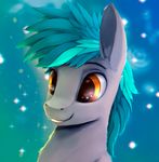  amber_eyes blue_hair equine fan_character feral fur grey_fur hair male mammal my_little_pony rodrigues404 smile solo teeth 