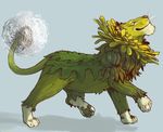  dandelion eyes_closed feline feral flora_fauna green_body humor iguanamouth lion male mammal pawpads plant proud pun quadruped side_view simple_background solo strut walking whiskers 