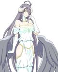  ahoge albedo bare_shoulders black_hair black_wings breasts cleavage closed_mouth commentary_request demon_girl demon_horns dress elbow_gloves feathered_wings finger_to_mouth gloves hip_vent horns large_breasts long_hair looking_away overlord_(maruyama) quatre_aaaa smile solo very_long_hair white_background white_dress white_gloves wings yellow_eyes 