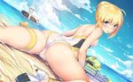  ahoge arched_back artoria_pendragon_(all) artoria_pendragon_(swimsuit_archer) ass bangs bare_shoulders beach blonde_hair breasts cameltoe cloud covered_nipples crown day dutch_angle fate/apocrypha fate/grand_order fate_(series) food green_eyes hair_bun high_heels hinasaki_you innertube jack_the_ripper_(fate/apocrypha) lens_flare looking_at_viewer lying mouth_hold multiple_girls ocean one-piece_swimsuit open_mouth outdoors partially_submerged popsicle reclining saber see-through sidelocks sky small_breasts sunglasses swimsuit thigh_strap water water_gun wet wet_hair 
