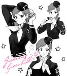  adjusting_hair character_name frederica_greenhill ginga_eiyuu_densetsu hat lipgloss long_hair military military_uniform monochrome multiple_views pa_(0127dr) spot_color star sweatdrop tying_hair uniform 