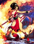  artist_name breasts brown_hair cleavage closed_fan covered_nipples fan fatal_fury folding_fan full_body genzoman high_ponytail large_breasts long_hair open_mouth pelvic_curtain revealing_clothes shiranui_mai solo the_king_of_fighters torii tree 