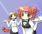  aoki_ume blush brown_hair cake double_bun food hair_ornament hidamari_sketch hiro multiple_girls non-web_source official_art open_mouth red_hair short_hair smile tea waitress wallpaper yuno 