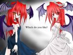  bare_shoulders black_dress chain demon_girl dress dual_persona elbow_gloves english eyebrows_visible_through_hair eyes_visible_through_hair gloves head_wings koakuma long_hair multiple_girls pointy_ears red_eyes red_hair touhou ugatsu_matsuki white_dress wings yellow_eyes 