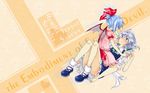  artist_request bat_wings blue_hair blush food highres ice_cream izayoi_sakuya maid multiple_girls remilia_scarlet ribbon short_hair silver_hair touhou wallpaper widescreen wings 