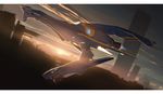  einhander flying highres i-iv_(longman) mecha no_humans realistic science_fiction space_craft sun sunrise 