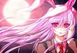  animal_ears bunny_ears glowing glowing_eyes highres jpeg_artifacts long_hair looking_at_viewer purple_hair red_eyes reisen_udongein_inaba solo takeda_aranobu touhou upper_body 