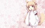  animal_ears blonde_hair brown_eyes cherry_blossoms fang floral_background flower fox_ears fox_tail hair_ornament highres japanese_clothes kitsune miko original simple_background smile tail takase_kanan wallpaper 